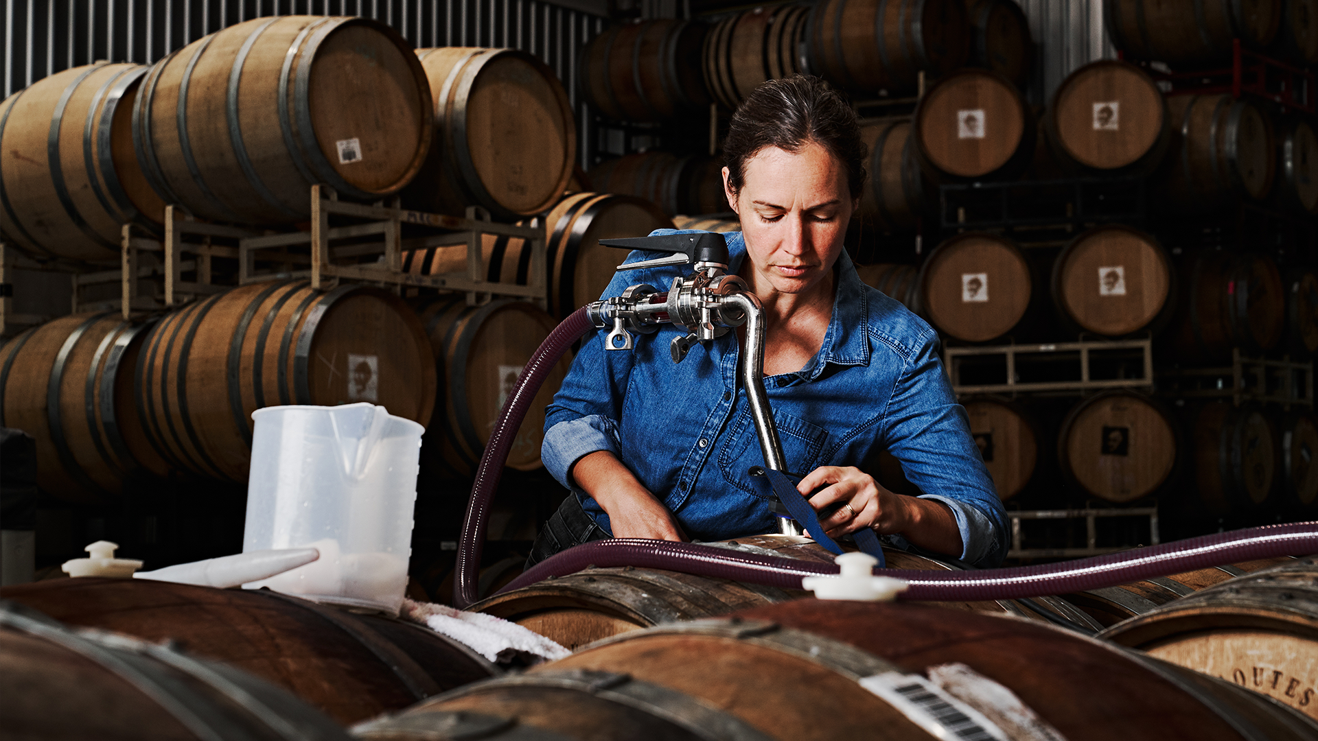 Martha Stoumen peers into a barrel in a wine cellar