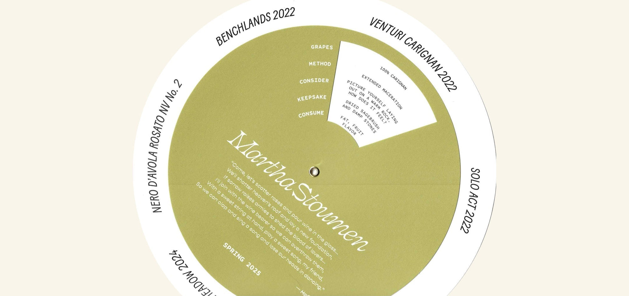 A circular wine volvelle with a green center featuring text "Martha Stoumen" and various sections for grapes, method, and flavor notes. The outer white rim displays wine names with vintages.