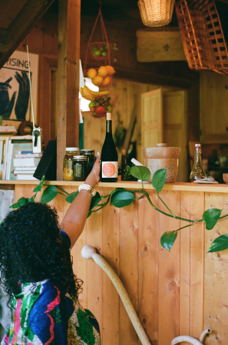 A person with curly hair reaches for a wine bottle on a cozy wooden kitchen counter adorned with plants and jars. Hanging baskets hold fruit, creating a warm, rustic ambiance.