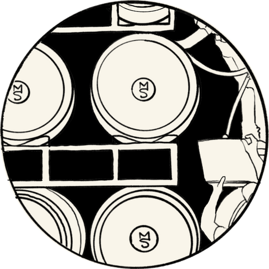 Illustration of multiple wine barrels on shelves and two people sampling from one barrel