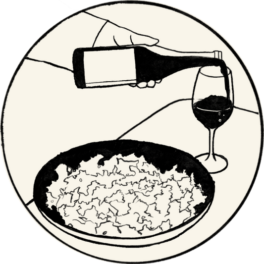 Illustration of wine being poured from a bottle into a wine glass with a meal.