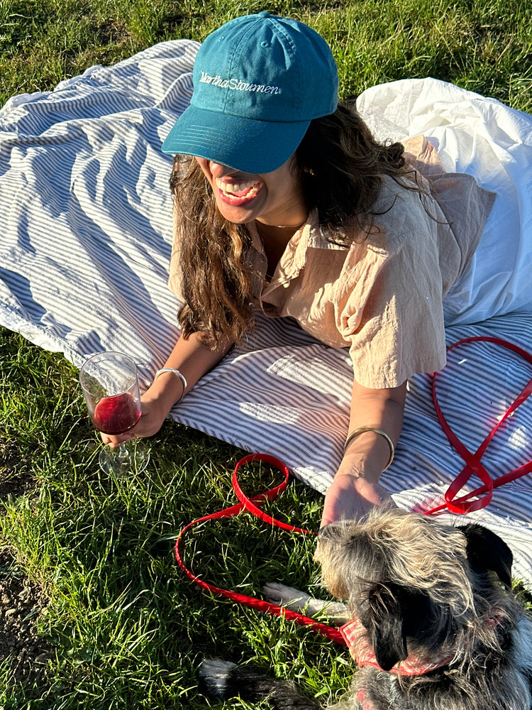 Person and dog lying on a blanket in a grassy area