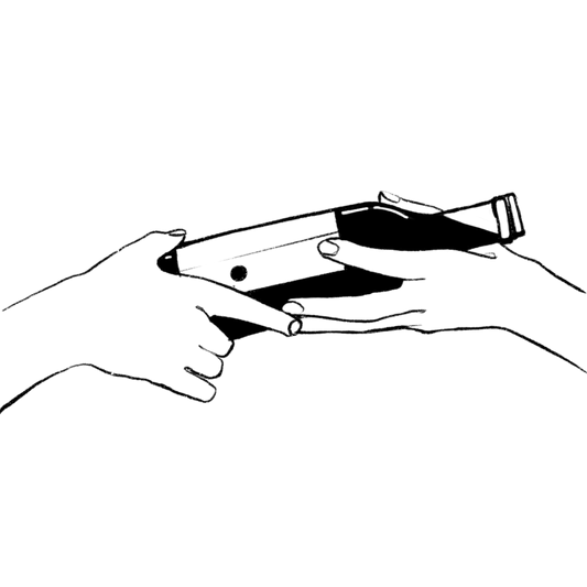 A black and white silhouette of a hand from two different people passing a wine bottle.