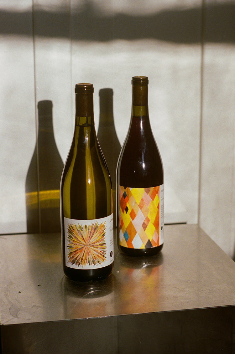 Two Martha Stoumen wine bottles with colorful, abstract labels stand on a reflective surface. Sunlight creates dramatic shadows and a warm, artistic ambiance.