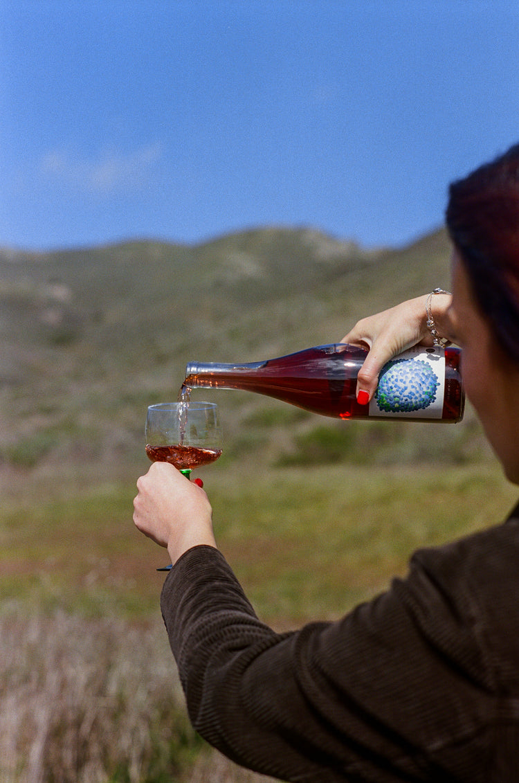 A person pours from a bottle of Martha Stoumen wine into a glass against a backdrop of a lush, green landscape under a clear blue sky. She is abstracted in the foreground.
