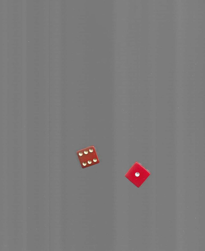 Two red dice with one and six face up against a gray background. The dice appear to be in mid-air, suggesting motion and chance.