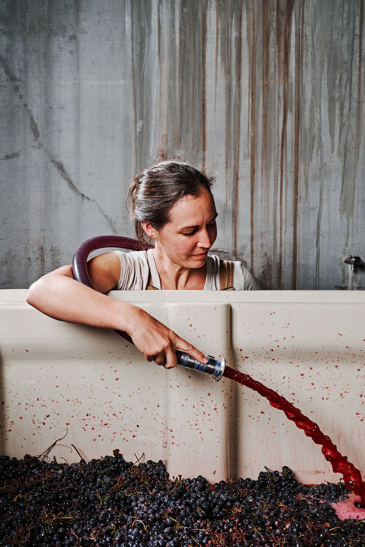 A woman pours vibrant red grape juice from a hose into a vat filled with grapes, engaging in winemaking. The industrial backdrop is gray and textured.