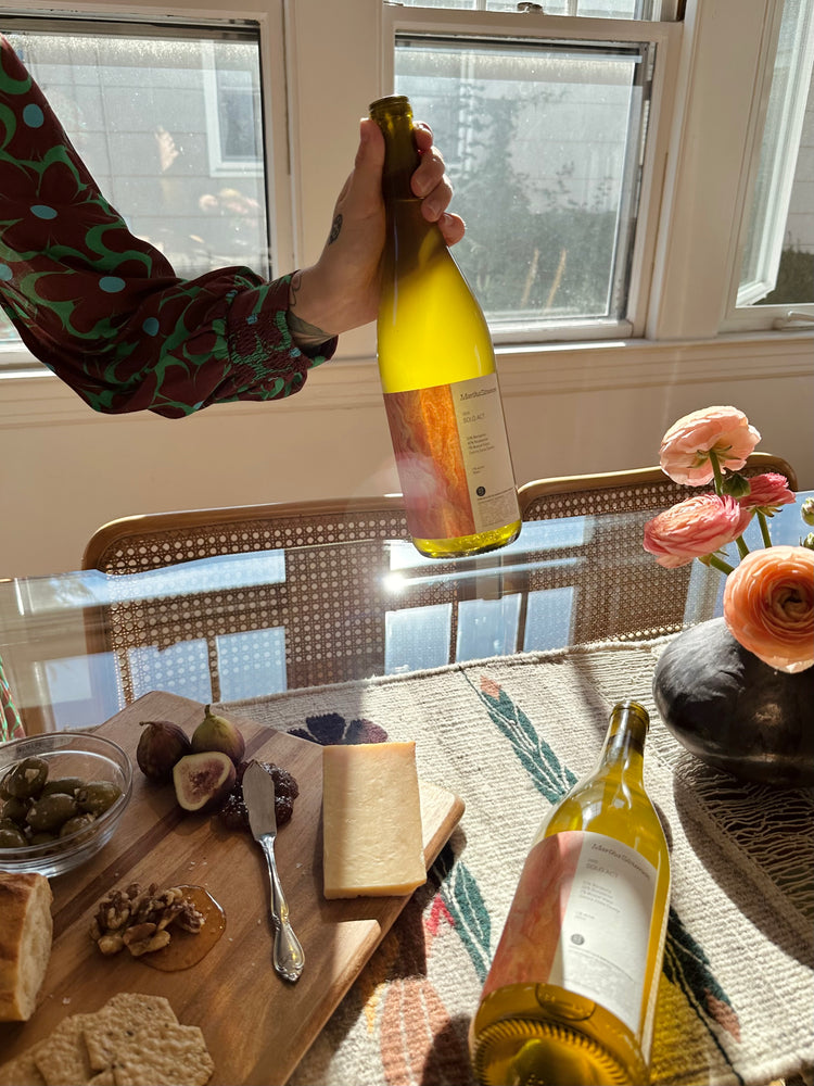 A hand holding a bottle of white wine in sunlight, casting shadows on a table set with cheese, figs, and flowers, creating a warm, inviting atmosphere.