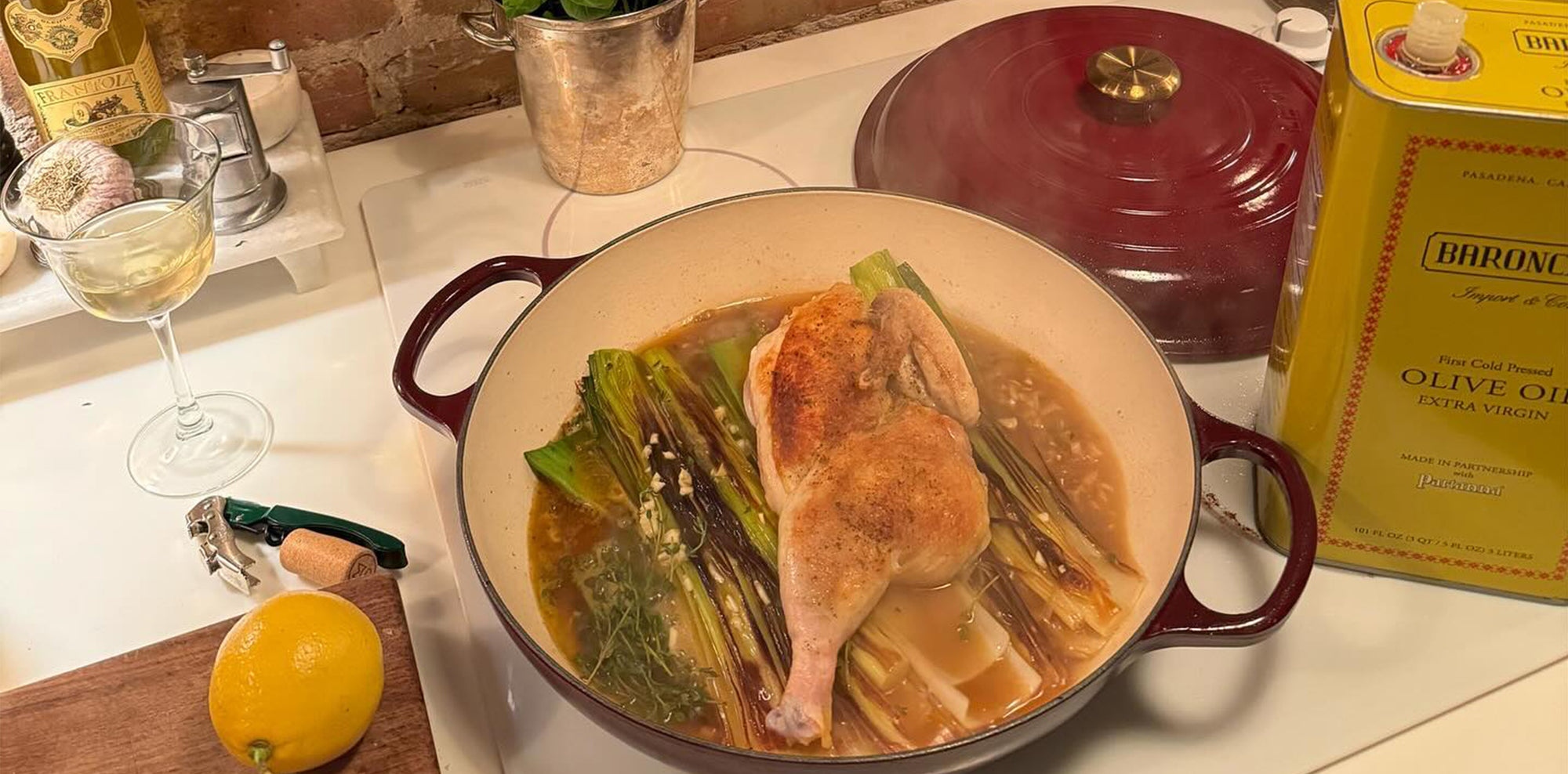 What's Cooking? Crispy Half Chicken over White Wine Braised Leeks via Justine's Table