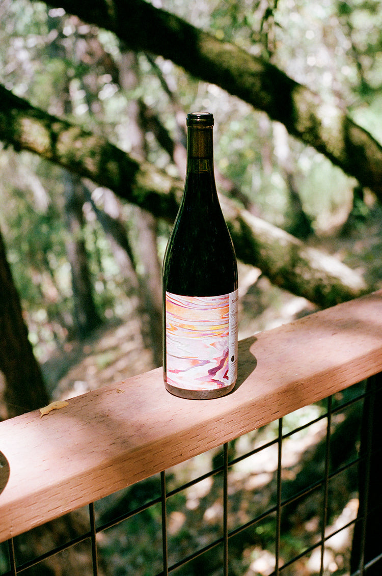 A wine bottle with a colorful abstract label sits on a wooden ledge in a forest setting. Dappled sunlight filters through lush green trees.