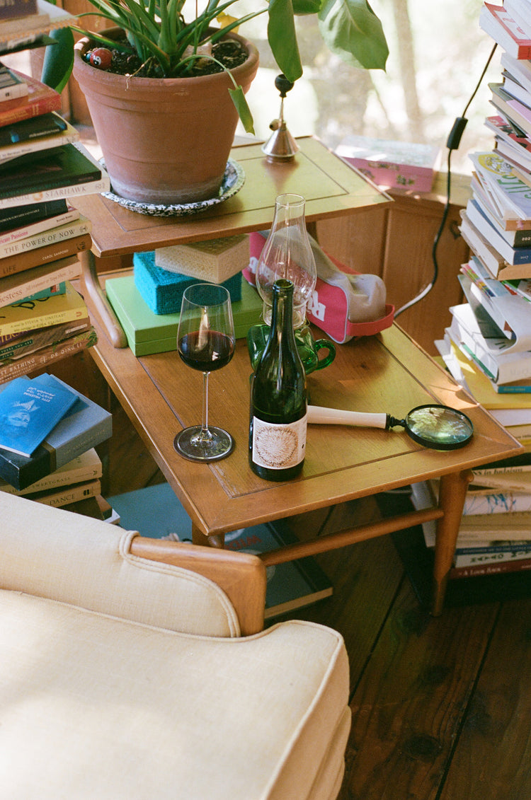 A cozy scene featuring a wooden table with a potted plant, wine glasses, a bottle of wine, and stacks of books.