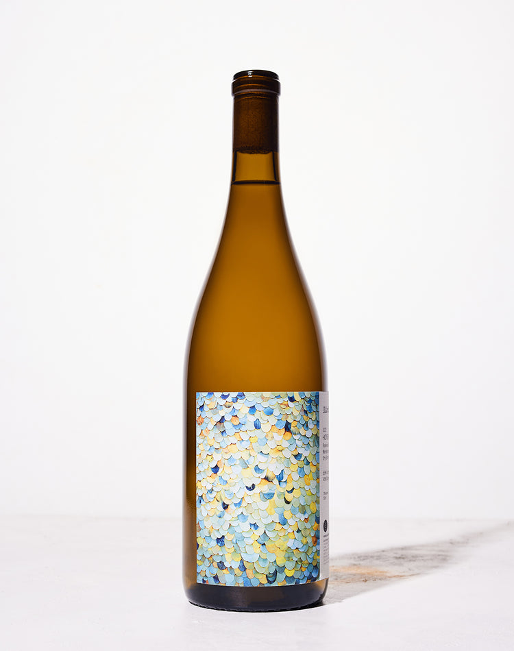 A wine bottle against a white background features a colorful abstract label with overlapping scales in shades of blue, yellow, and orange, conveying an artistic and vibrant tone.