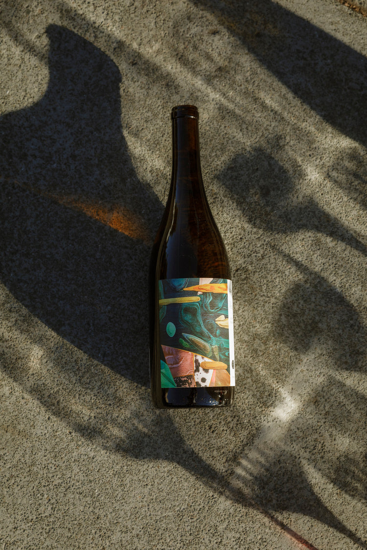 A wine bottle with a teal and orange label lays on a concrete background, surrounded by wine glass shadows