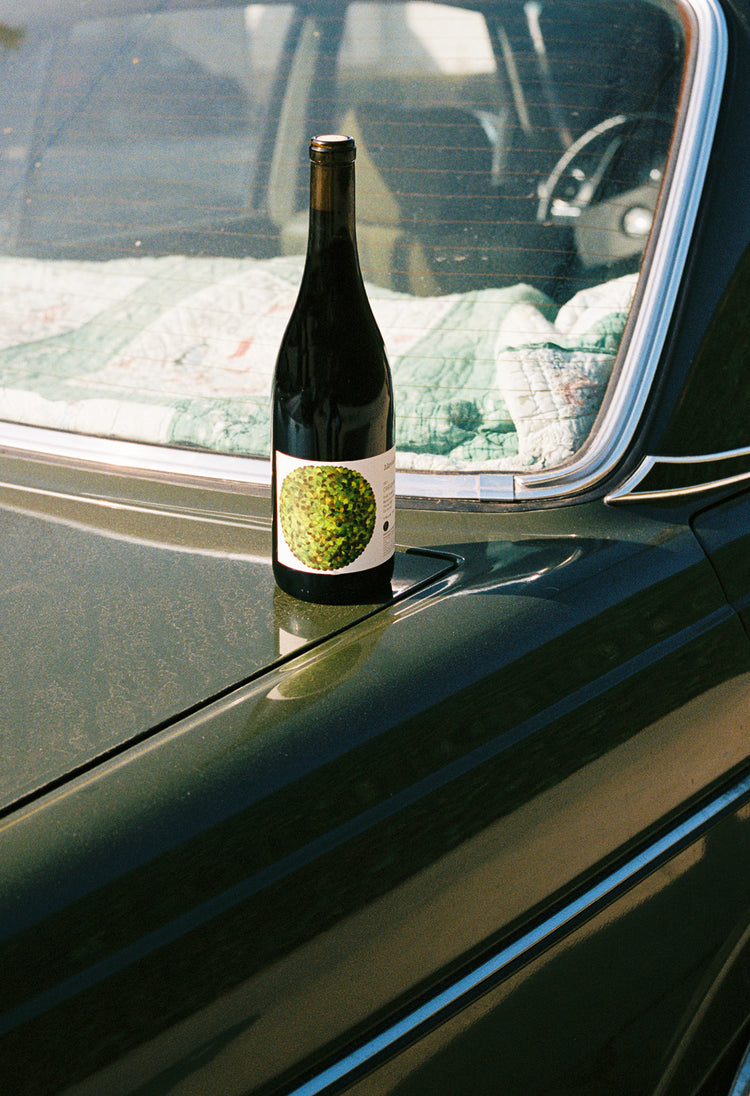 A bottle of Ricetti Carignan (wine with green circular label) sits on the back of a similar-colored vintage mercedes