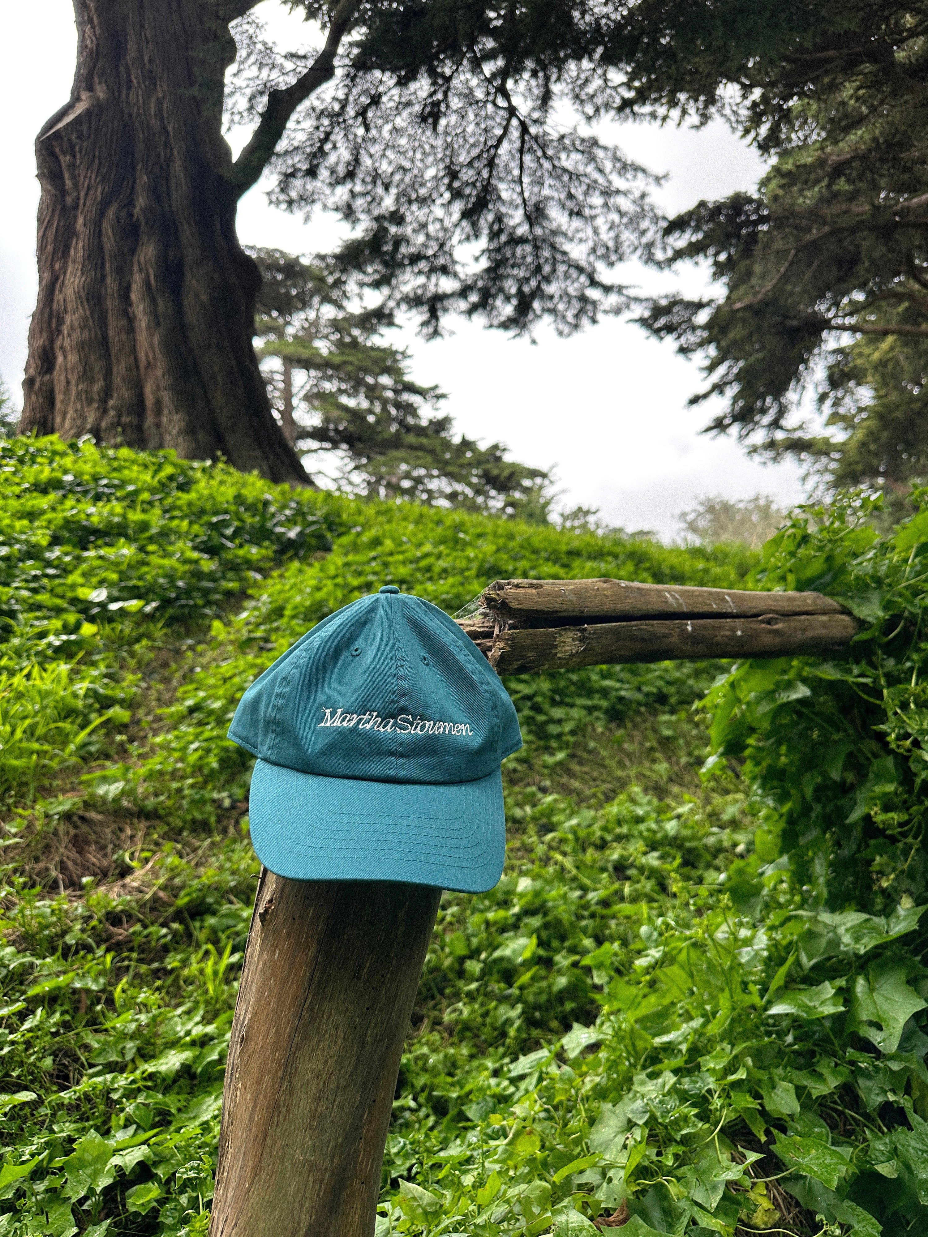 Blue cap with 'Martha Stewart' logo on a wooden post in a natural setting