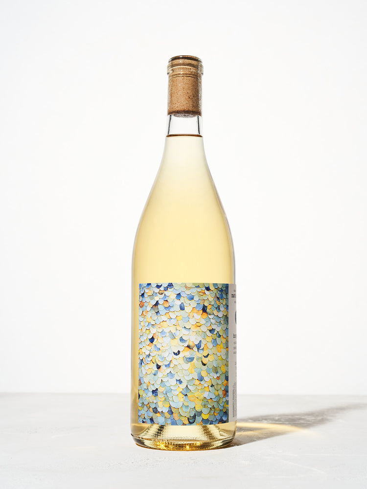 A wine bottle with a cork features a colorful label with a pattern of overlapping scales in blue, yellow, and orange hues. Neutral background.