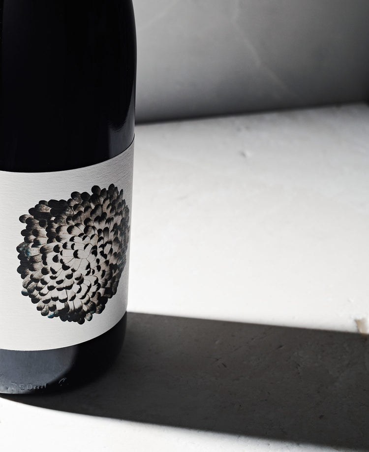 Wine bottle with an abstract black and white pattern label, casting a shadow on a light surface. The scene is minimalist and elegant.